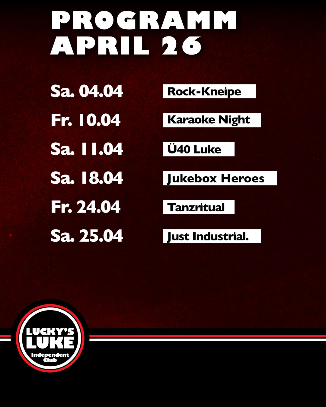 Das Monatsprogramm in der Luke für April 2026.