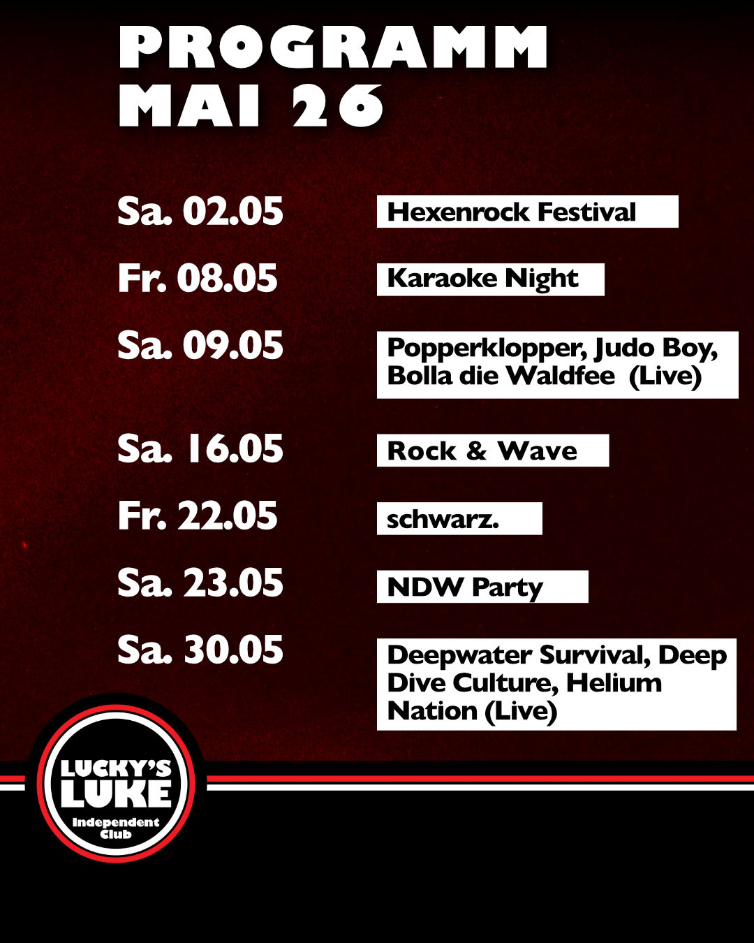 Das Monatsprogramm in der Luke für Mai 2026.